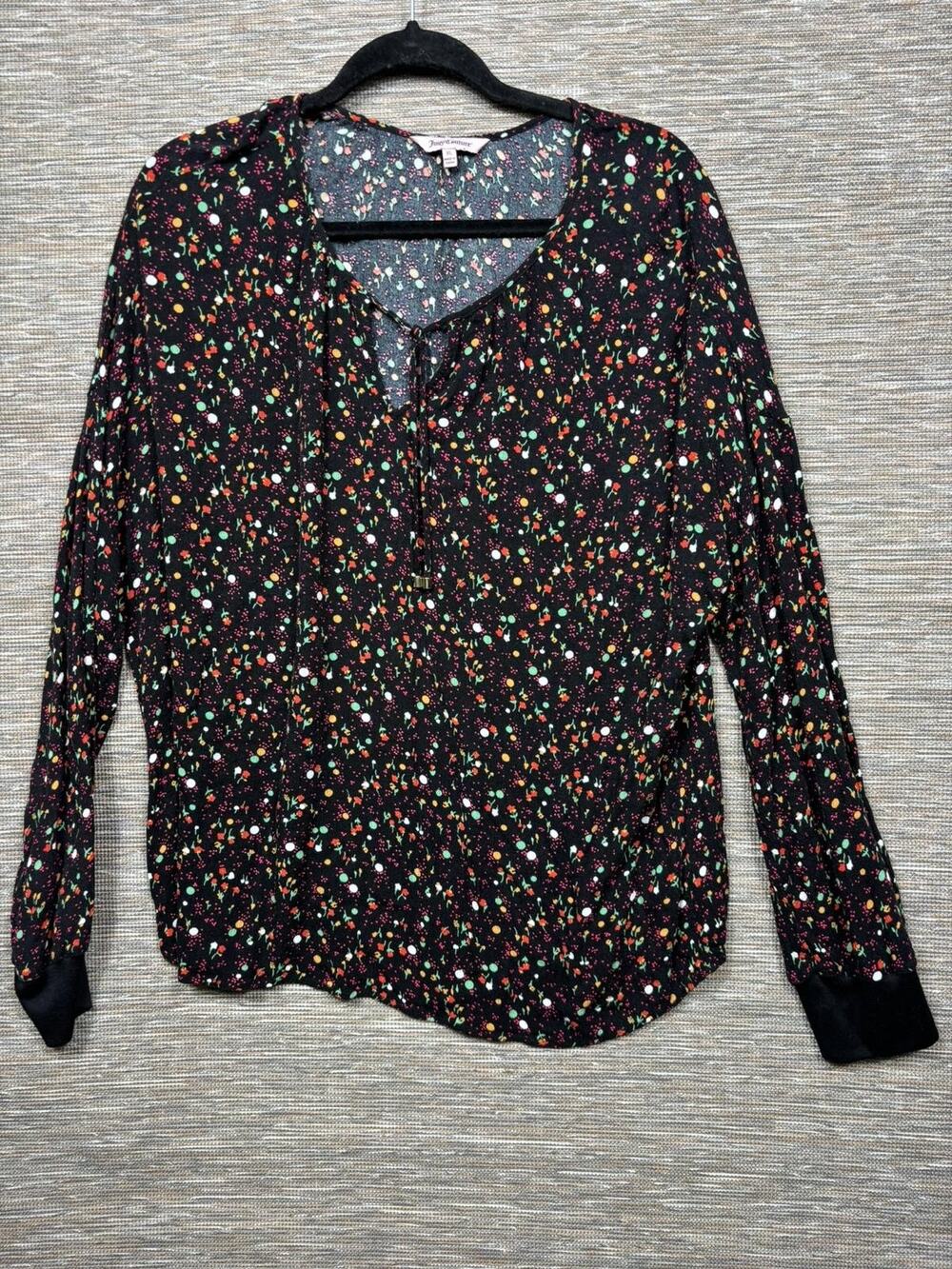 Juicy Couture Womens Split Neck Blouse Top Shirt Size XL Black Garden